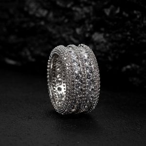Men's White Gold Plated Iced Cz Two Row Pointer Hip Hop Elegant Eternity Ring